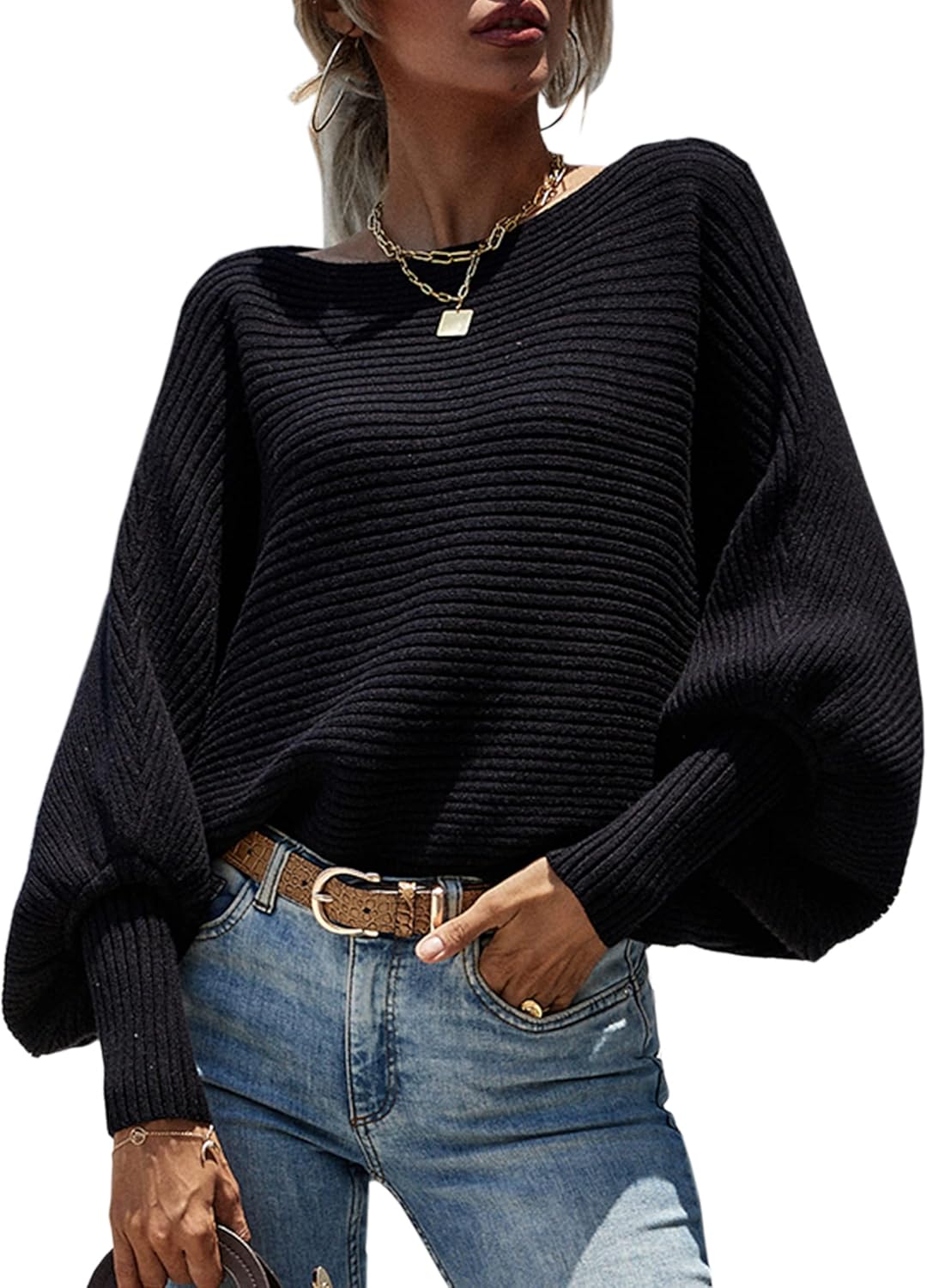 ECOWISH Women Sweater Long Sleeve Color Block Knit Pullover