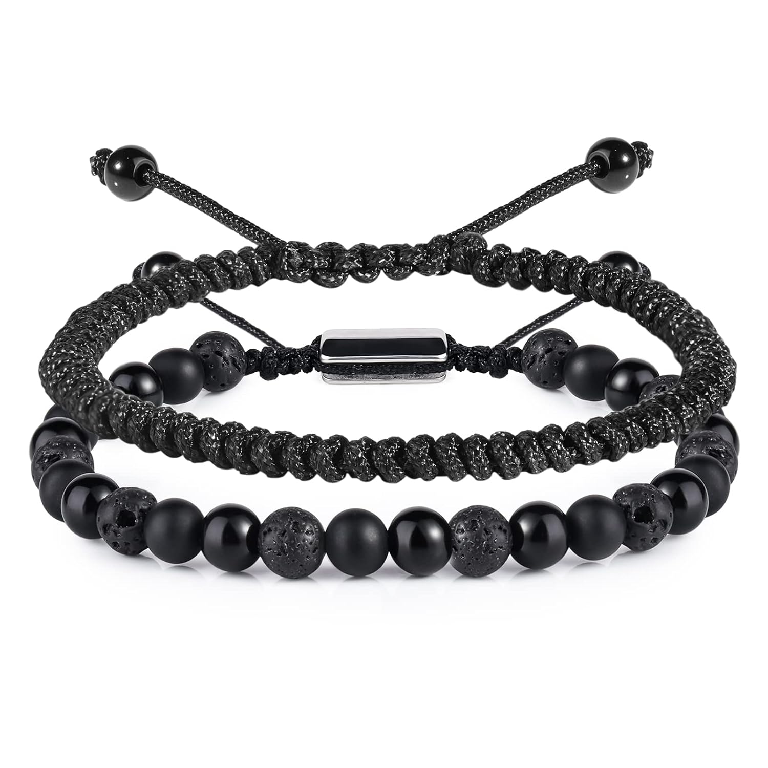 CARITATE Black Beaded Mens Bracelet Set - Stylish Gift for Him