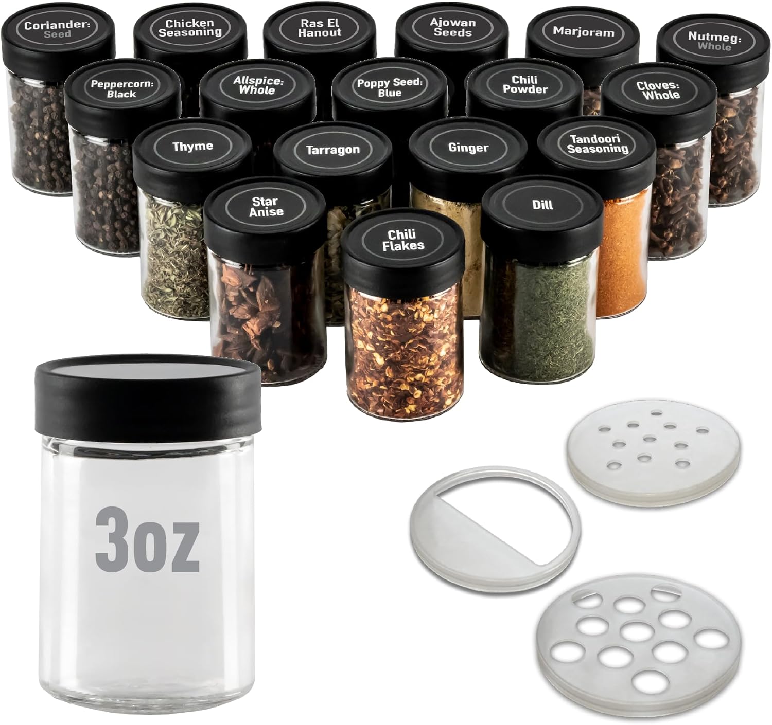 AllSpice 3oz Glass Spice Jars - 18 Pack with Shaker Tops