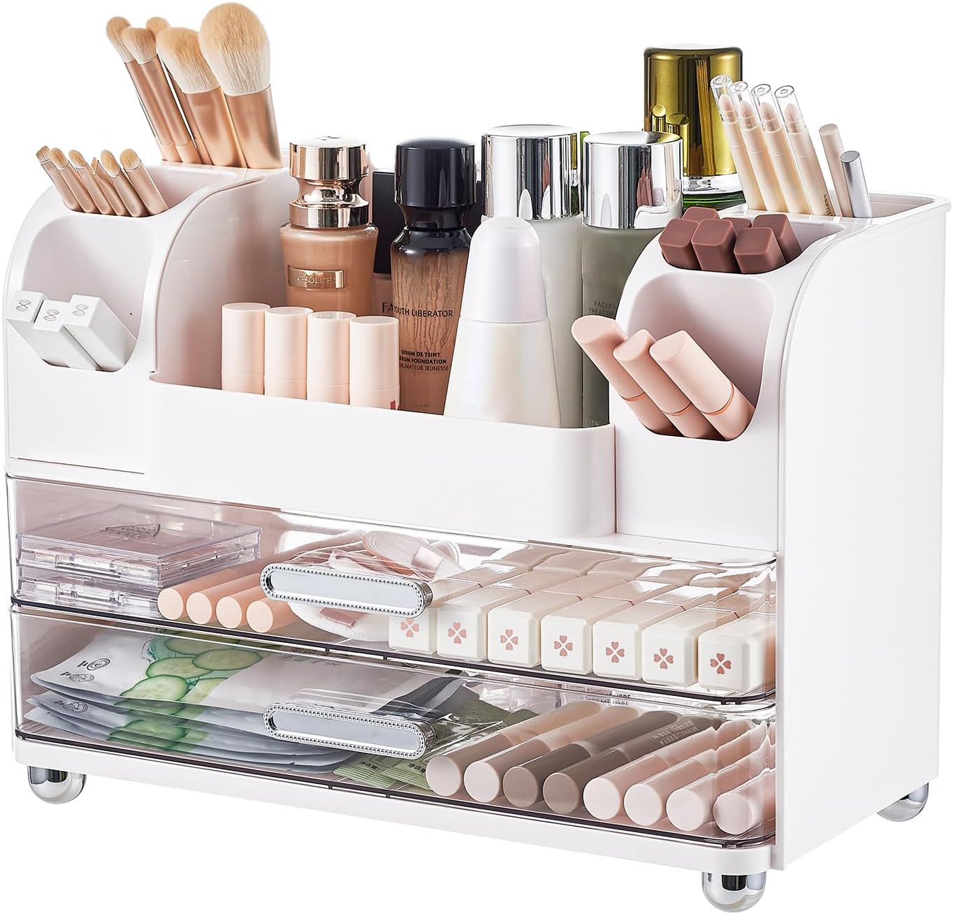 Makeup Organizer for Vanity with 2 Large Drawers and Brush Holders
