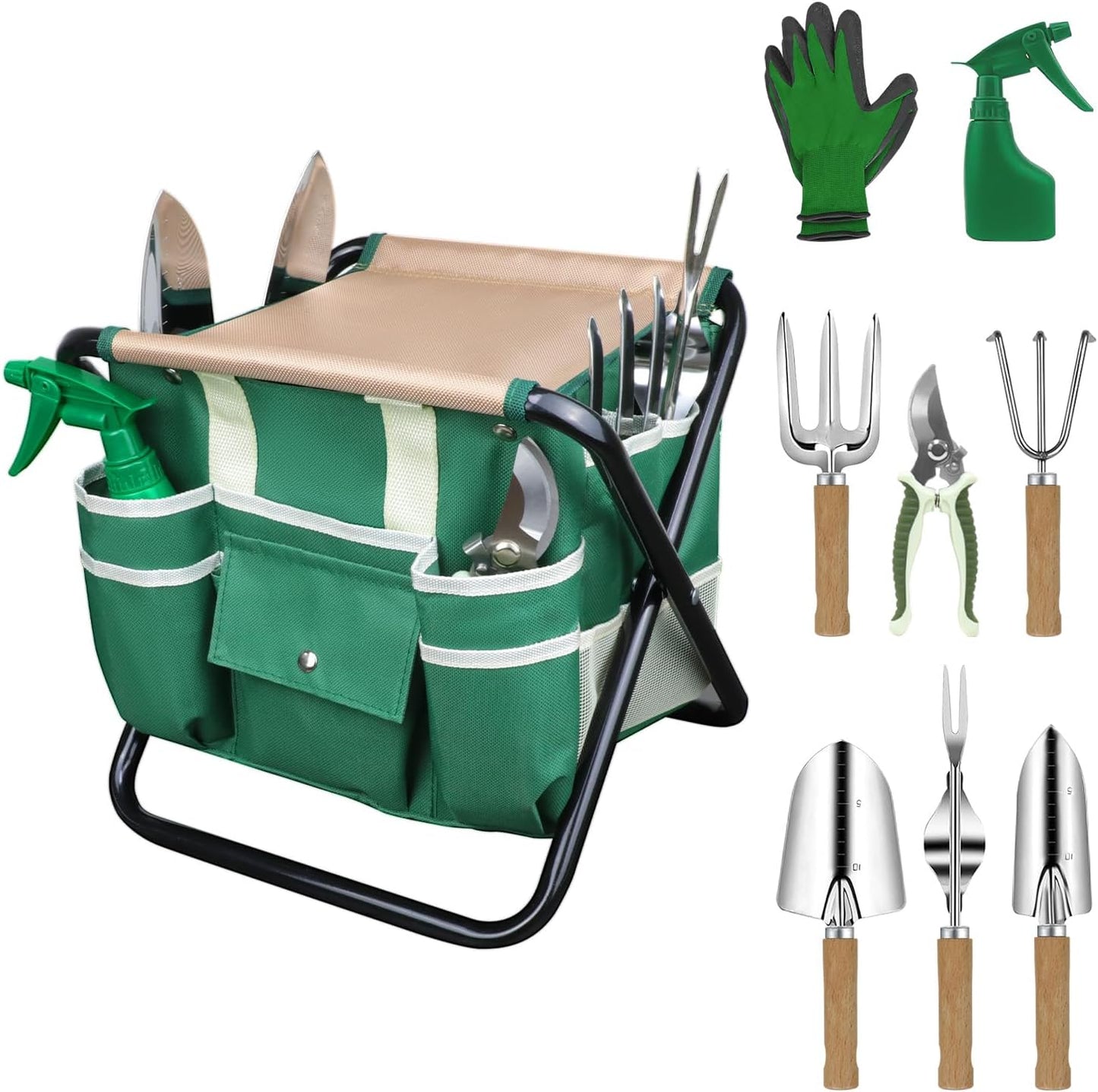Heavy Duty Garden Tool Set with Folding Stool and Tote Bag