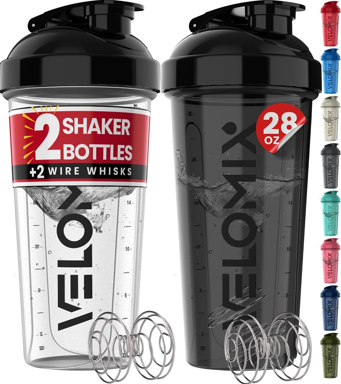 VELOMIX Protein Shaker Bottles - 2 Pack, Leak Proof, 2x Whisk, Black&Transparent