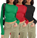 Women Long Sleeve Crop Tops 3-Pack - Fitted Basic Tee Set