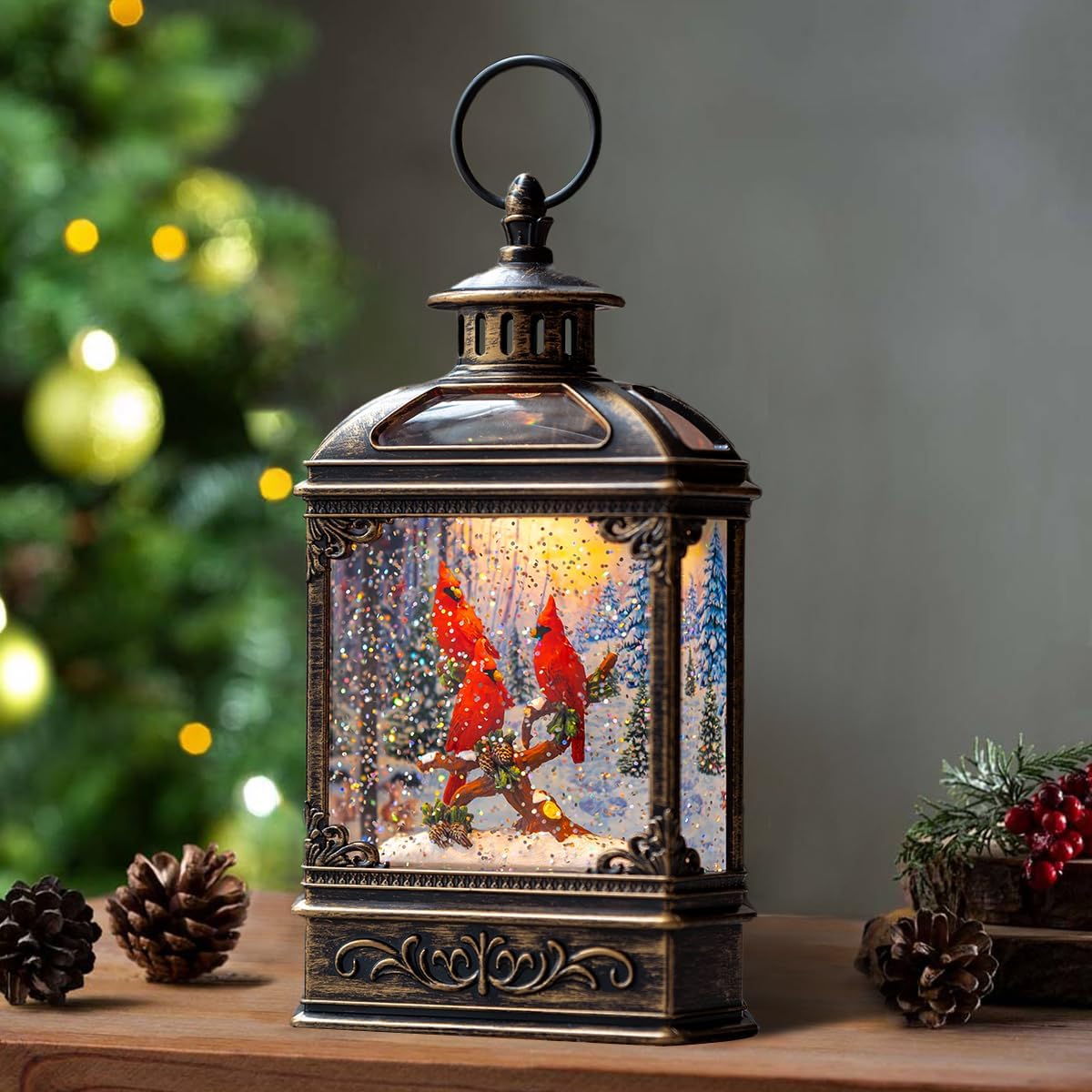 Christmas Snow Globe Lantern with Music for Holiday Decor