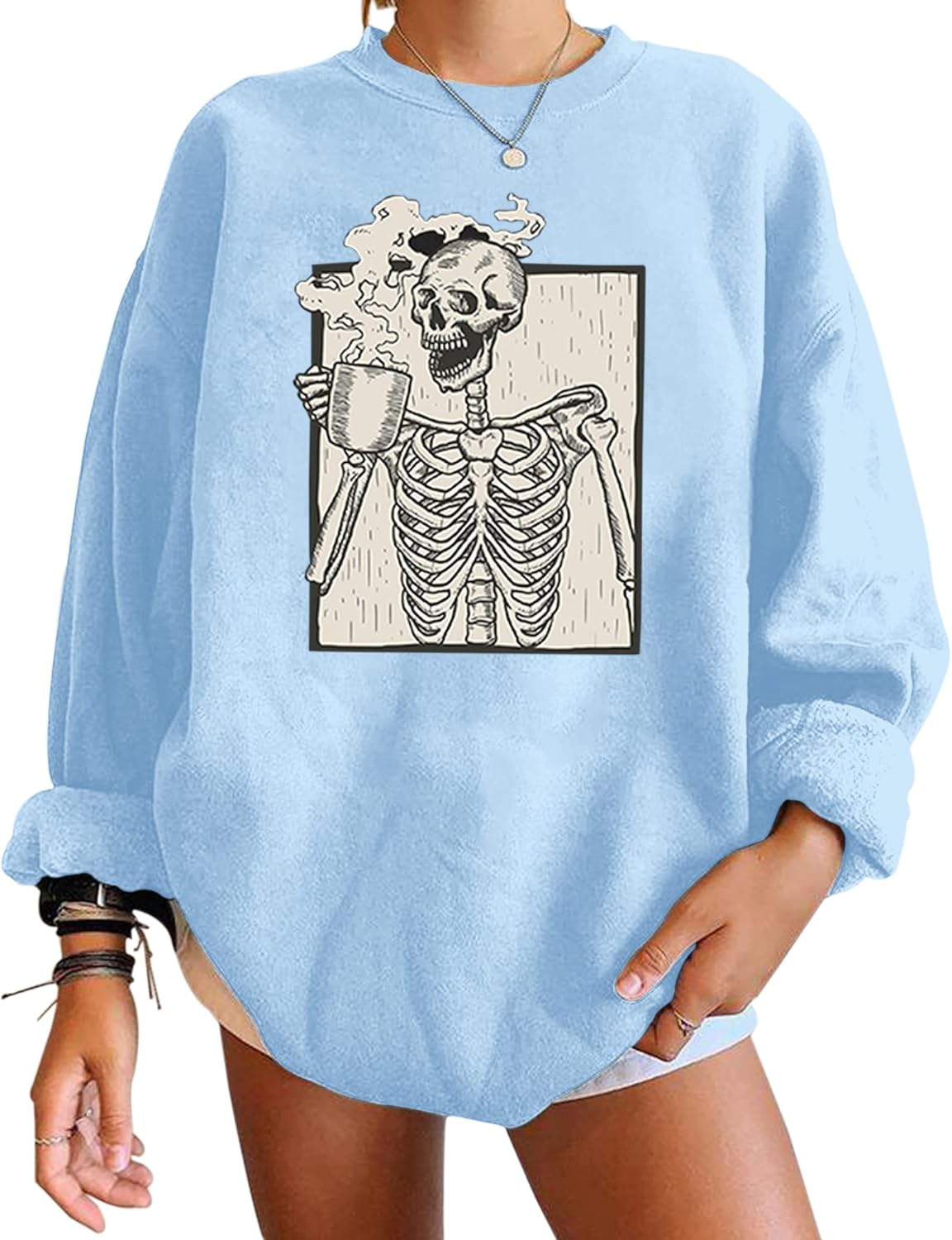 Meladyan Halloween Skull Graphic Print Fleece Oversized Sweatshirt