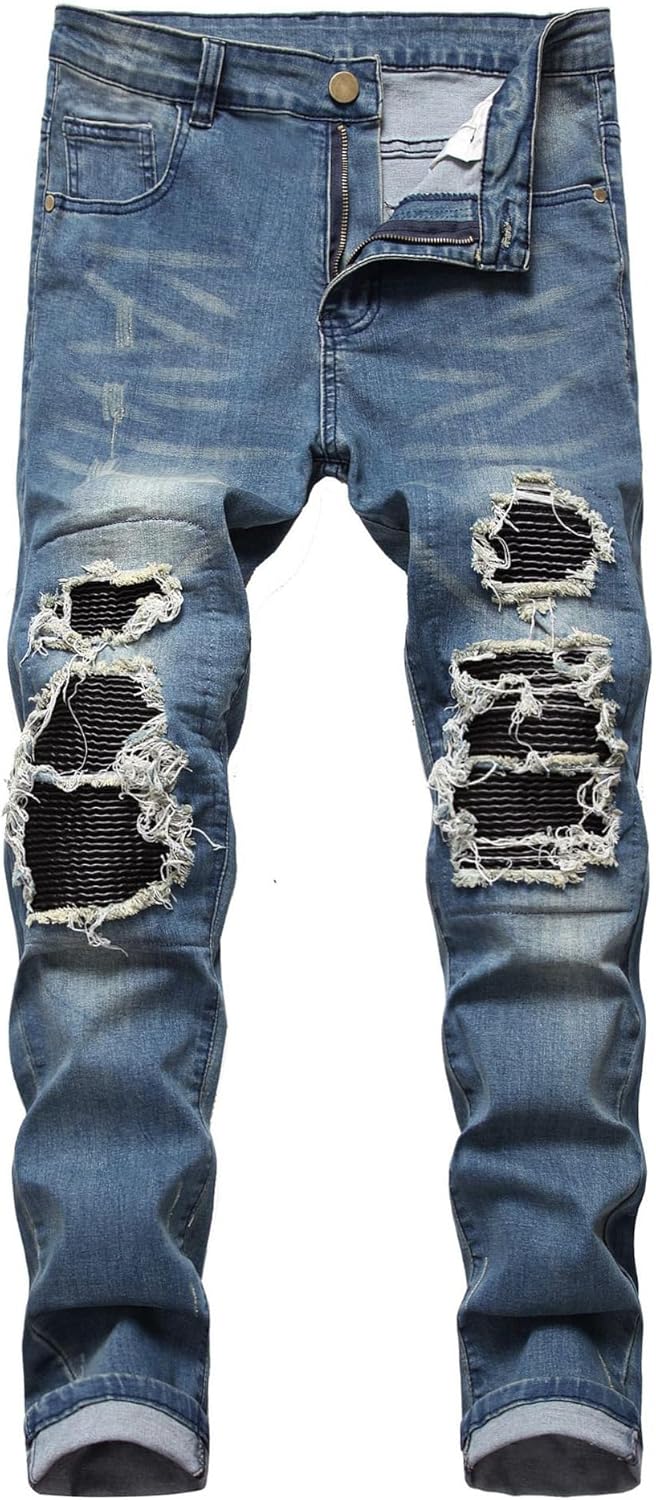 Baylvn Men's Designer Slim Fit Patchwork Jeans for Comfort