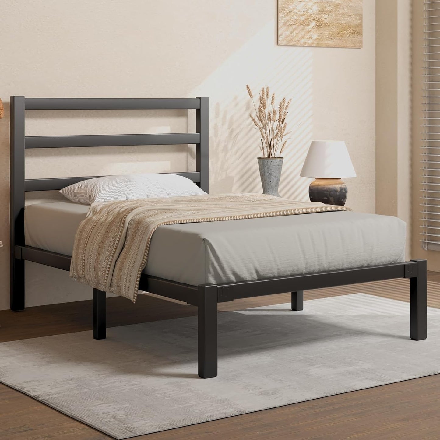 Twin Size Metal Platform Bed Frame with Headboard and Storage