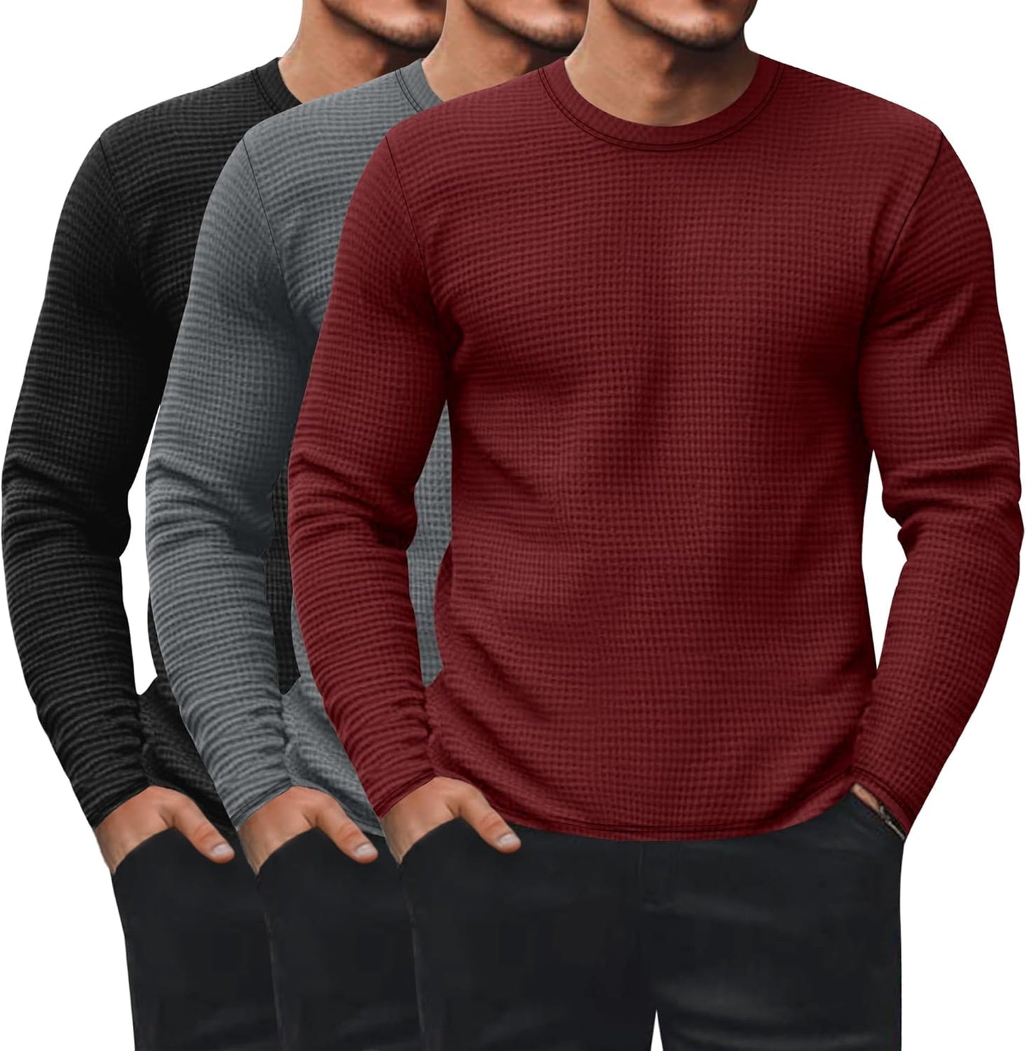 Ficerd 3 Pack Men's Waffle Long Sleeve Shirts for Comfort