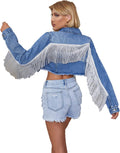 Womens Cropped Denim Tassel Jacket with Fringe - Casual Crop