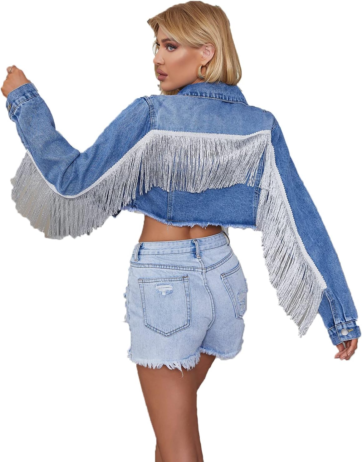 Womens Crop Denim Jacket with Tassel and Fringe for Casual Wear