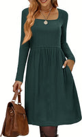 Sweater Dress Square Neck Knit Long Sleeve A-Line Knee