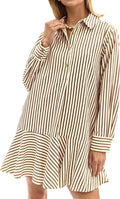 Womens Striped Shirt Mini Dress Long Sleeve Collared Ruffle Hem