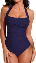 Tummy Control One Piece Swimsuit - Ruched Halter Slimming Vintage