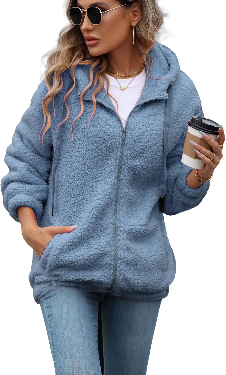 Womens Fleece Jacket Full Zip Sherpa Coat with Hood S-5XL