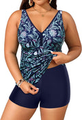 Yonique Womens Plus Size Navy Blue Floral Tankini with Shorts
