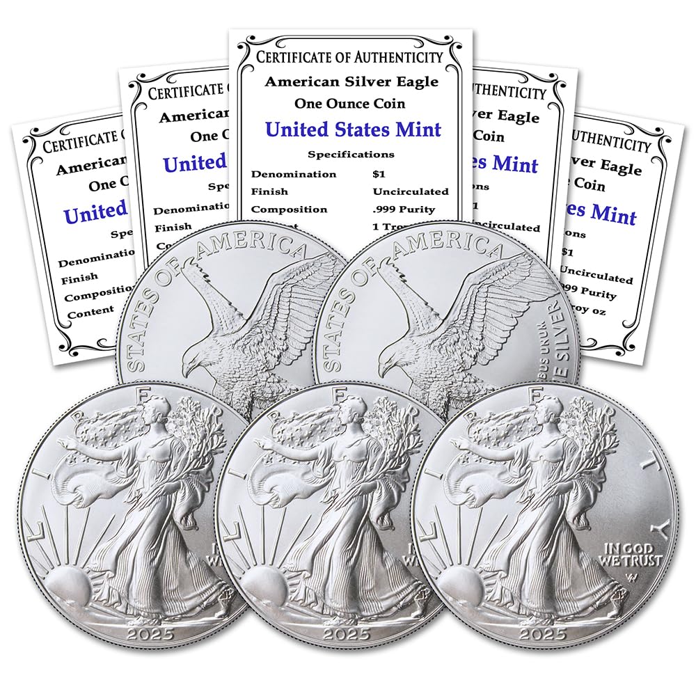2025 Lot of 5 1 oz American Silver Eagle Coins Brilliant Uncirculated