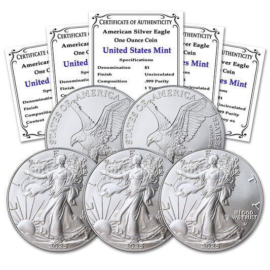2025 Lot of 5 1 oz American Silver Eagle Coins Brilliant Uncirculated