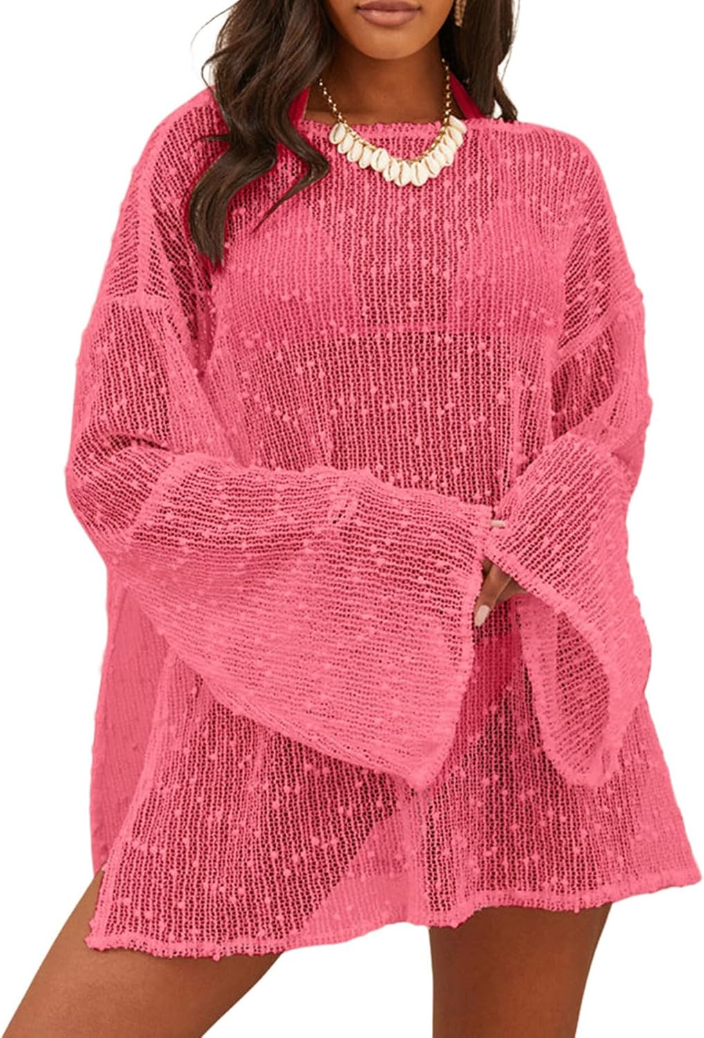 Lilosy Sexy Crochet Sheer Kaftan Beach Dress Swim Coverup