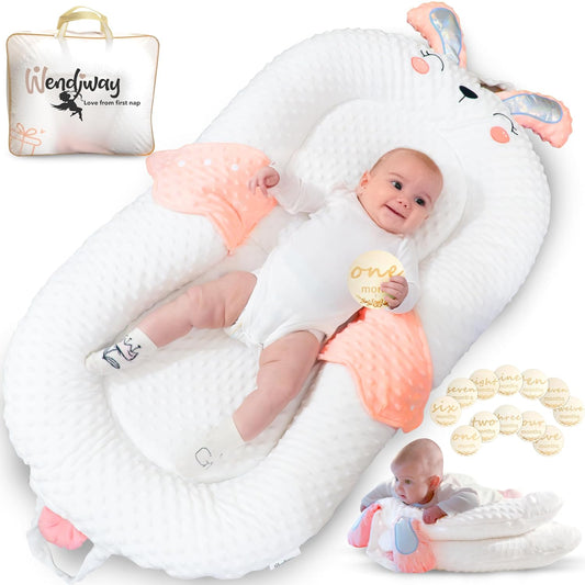 WENDIWAY Baby Nest - Adjustable Panels, Incline Bed, 12 Milestones - Pink