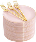 Rubtlamp 200Pcs Pink Dessert Plates with Gold Forks