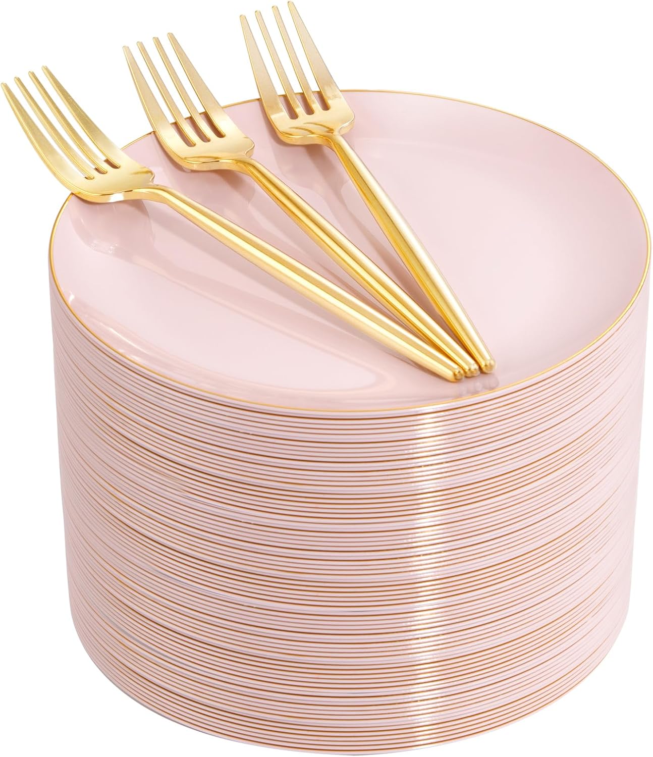 Rubtlamp 200Pcs Pink Dessert Plates with Gold Forks