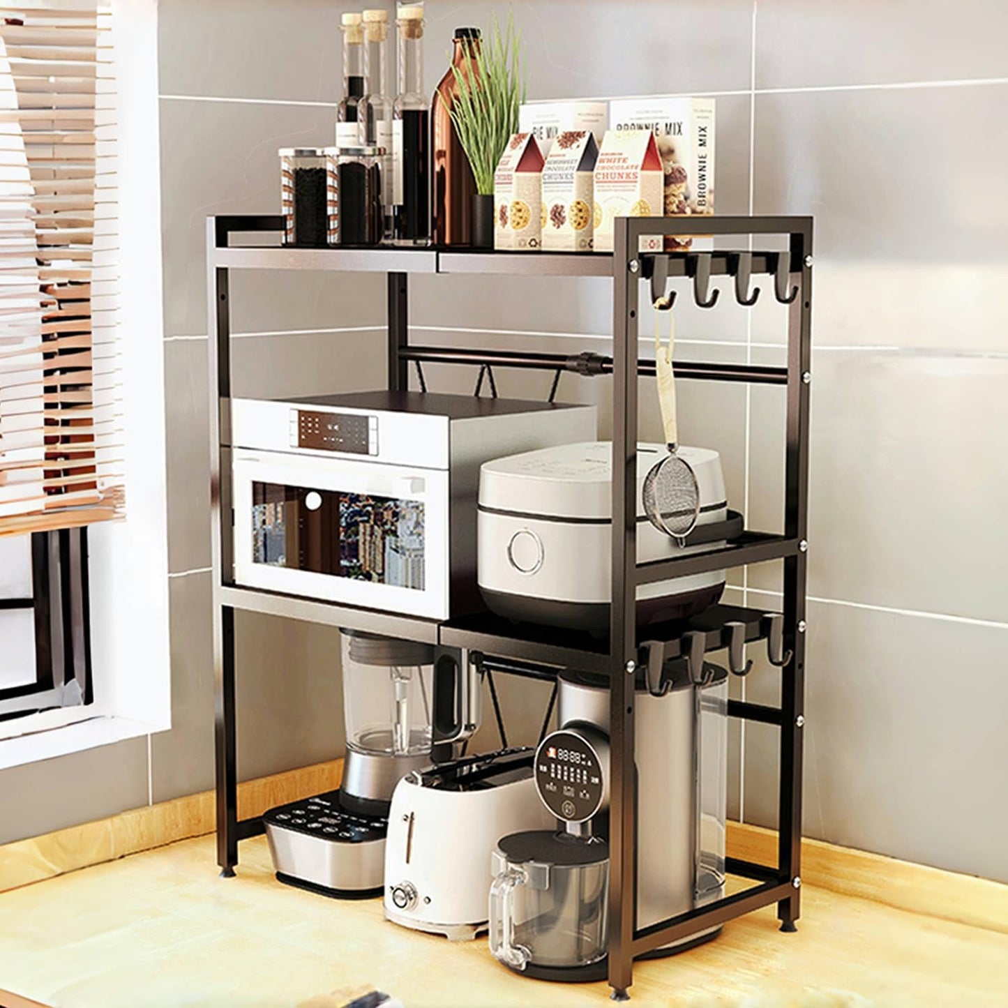 Stainless Steel Microwave Rack Shelf - 2 Tiers, 8 Hooks - ULUPJ