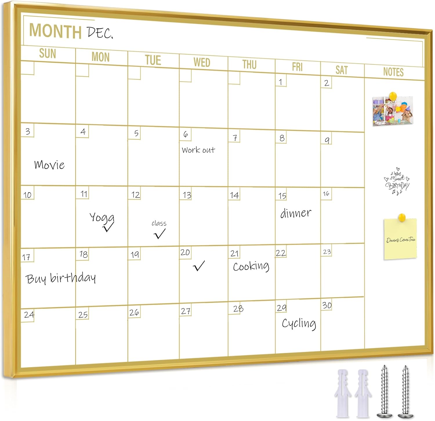 Gold Dry Erase Calendar Whiteboard for Home and Office Use