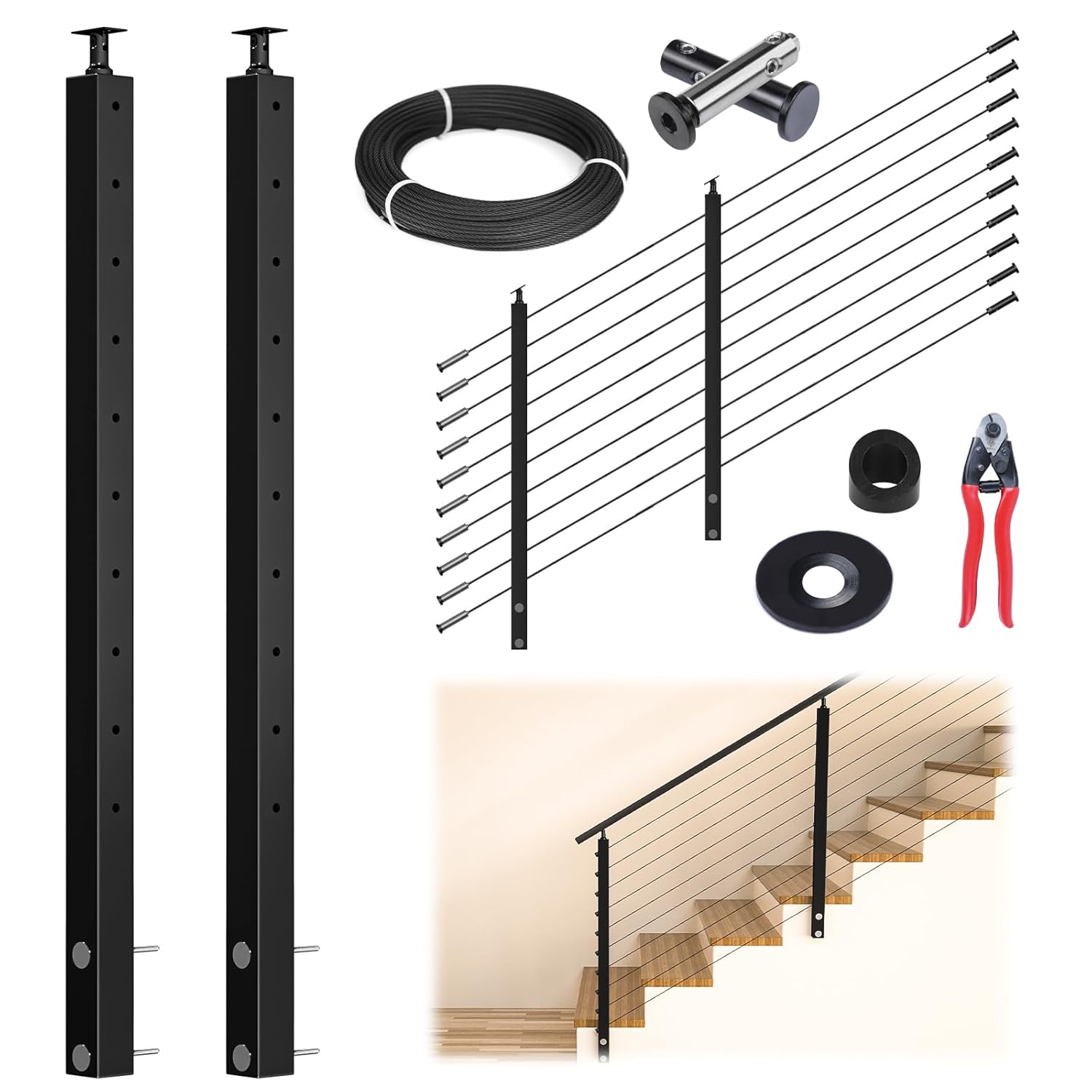 Muzata Modular Black Side Mount Cable Railing Kit for Stairs