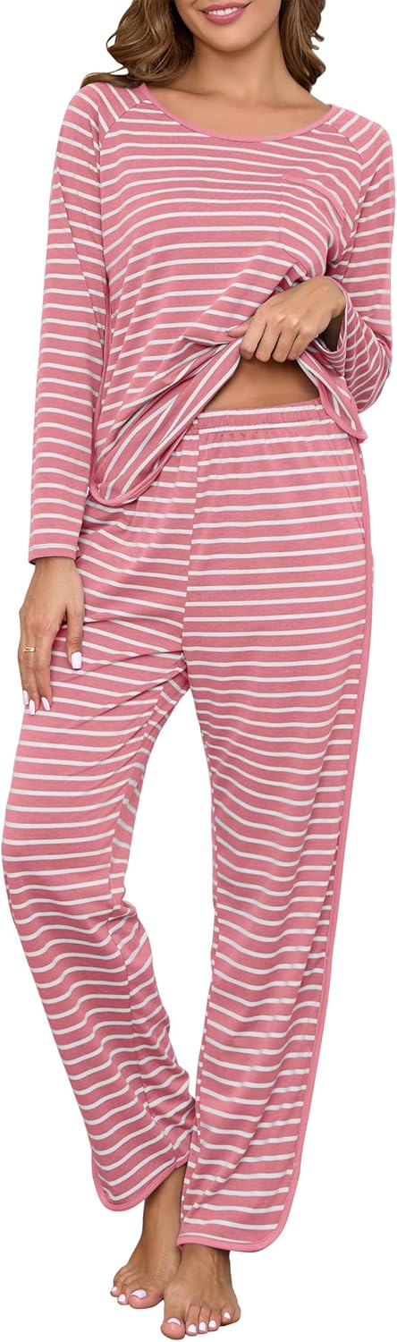 Womens Cotton Pajama Sets Stripe 2 Piece Lounge Set for Comfort