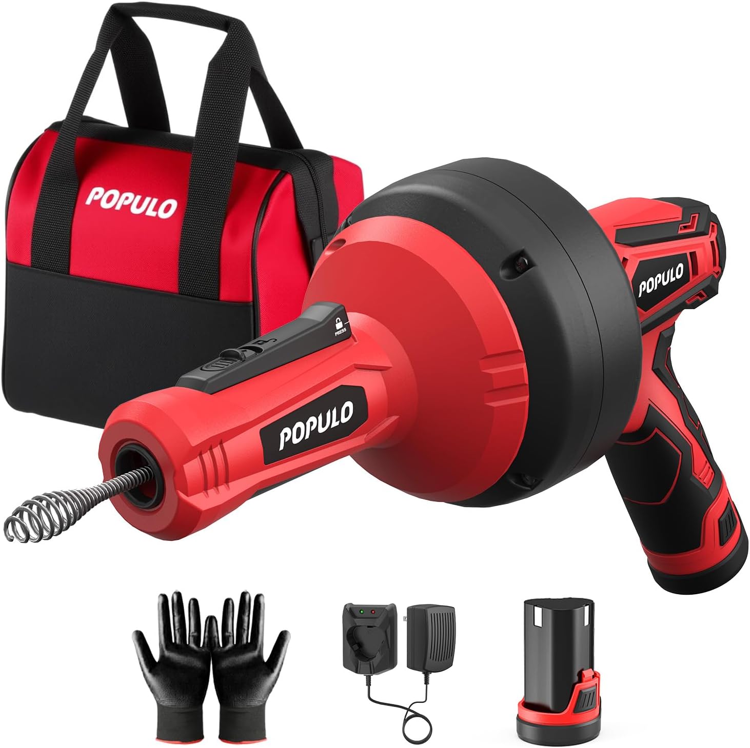POPULO 12V Cordless Electric Drain Auger for Clog Removal