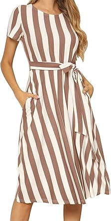 Levaca Women's Short Sleeve Striped Casual Flowy Midi Dress