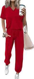 Summer Casual V Neck Short Sleeve Tops Long Pants Tracksuit Set