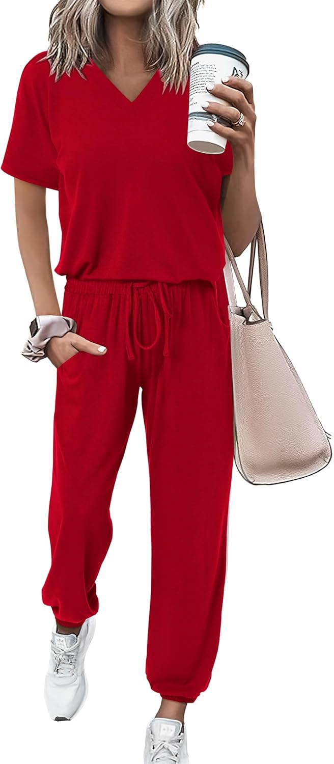 Summer Casual V Neck Short Sleeve Tops Long Pants Tracksuit Set