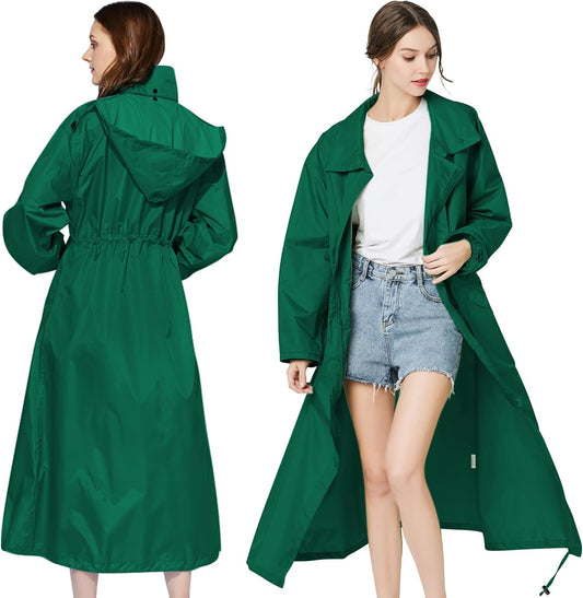 Womens Long Raincoats Waterproof Packable Hooded Windbreaker