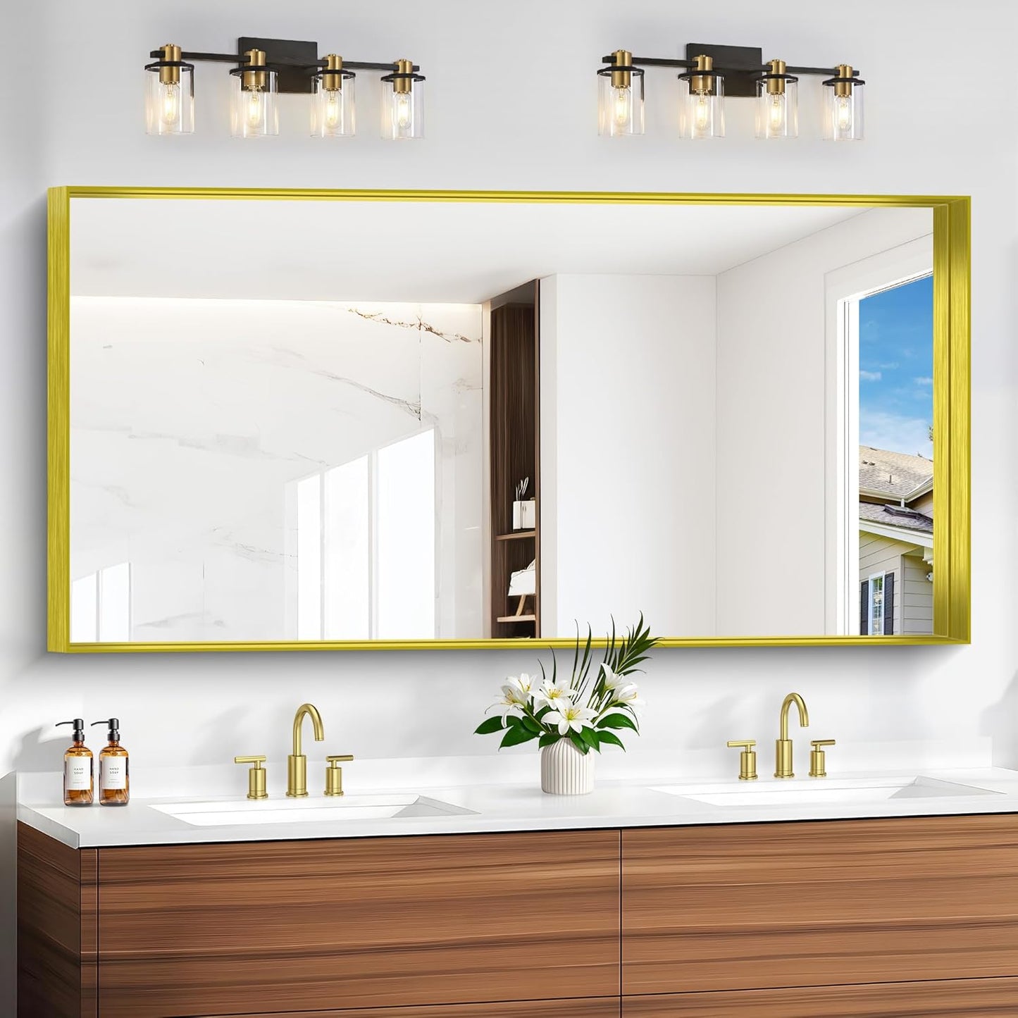 Gold Bathroom Mirror 30x60 Inch Rectangular Deep Frame Design