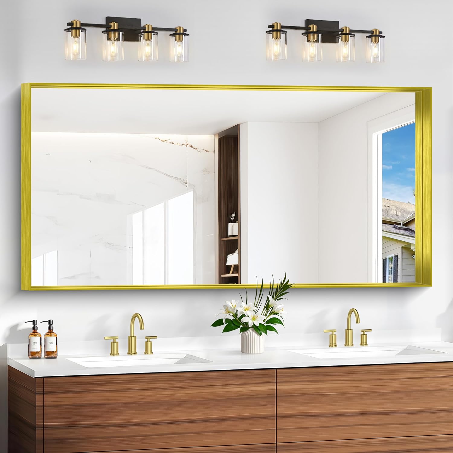 Gold Bathroom Mirror 30x60 Inch Rectangular Deep Frame Design