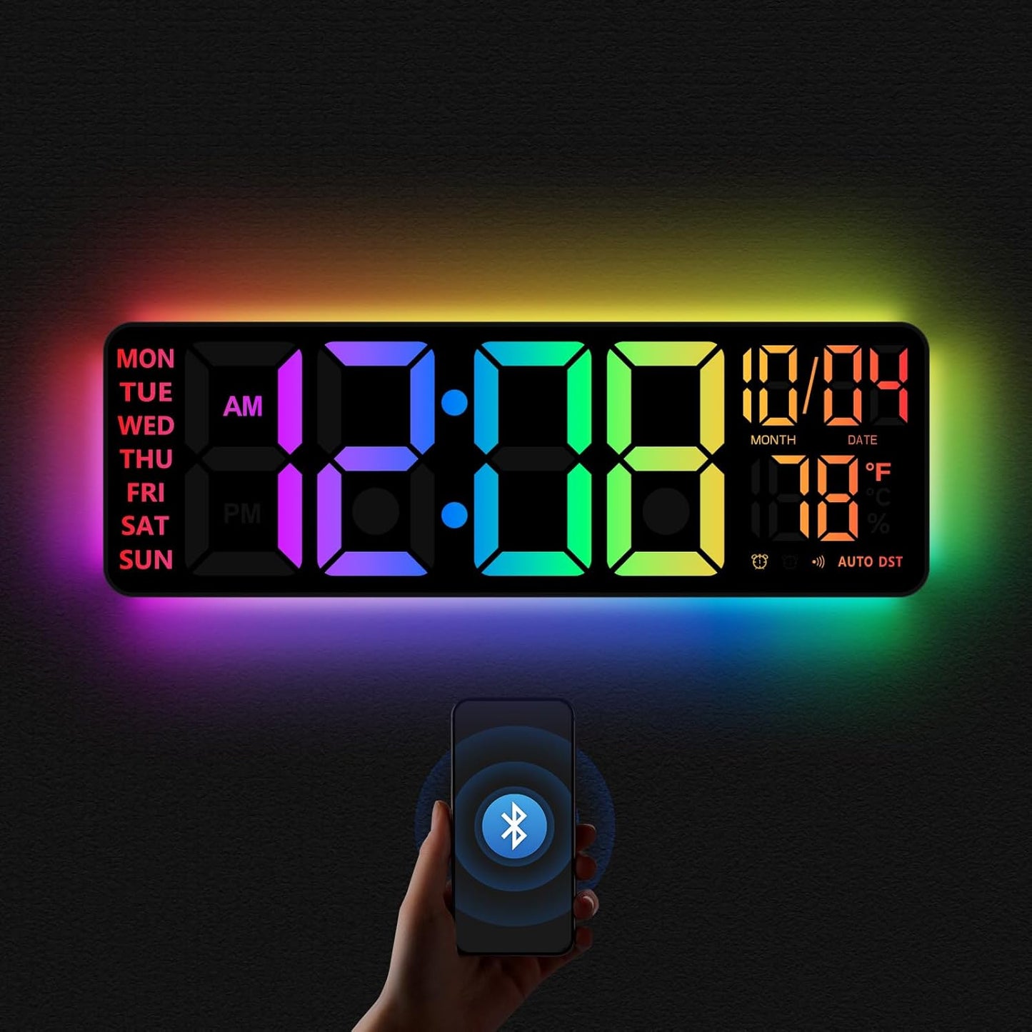 YISILE 16in Digital Wall Clock with RGB Colors and Remote