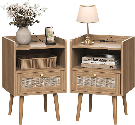 Rattan Night Stand Set of 2 with Charging Station for Kids Room