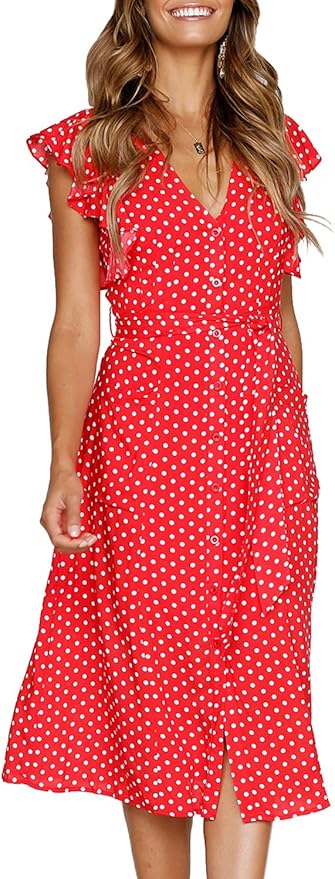 MITILLY Women's Boho Polka Dot Flutter Midi Dress with Pockets