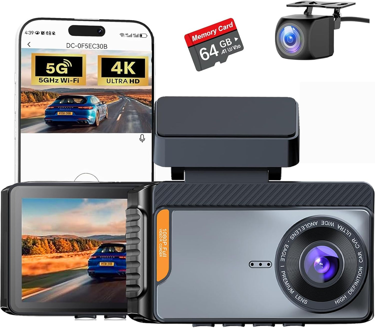 4K WiFi Dual Channel Dash Cam with Front and Rear Recording