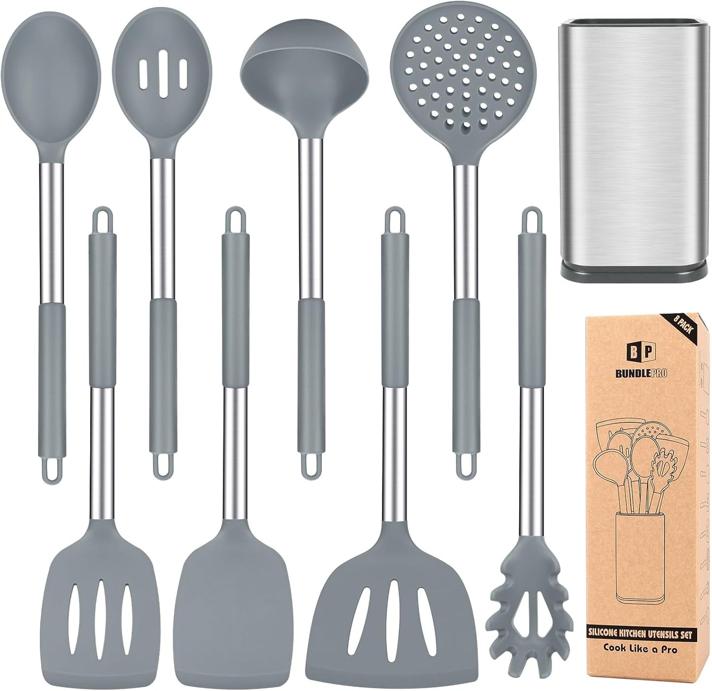 Silicone Cooking Utensil Set with Stainless Steel Handles for Kitchen