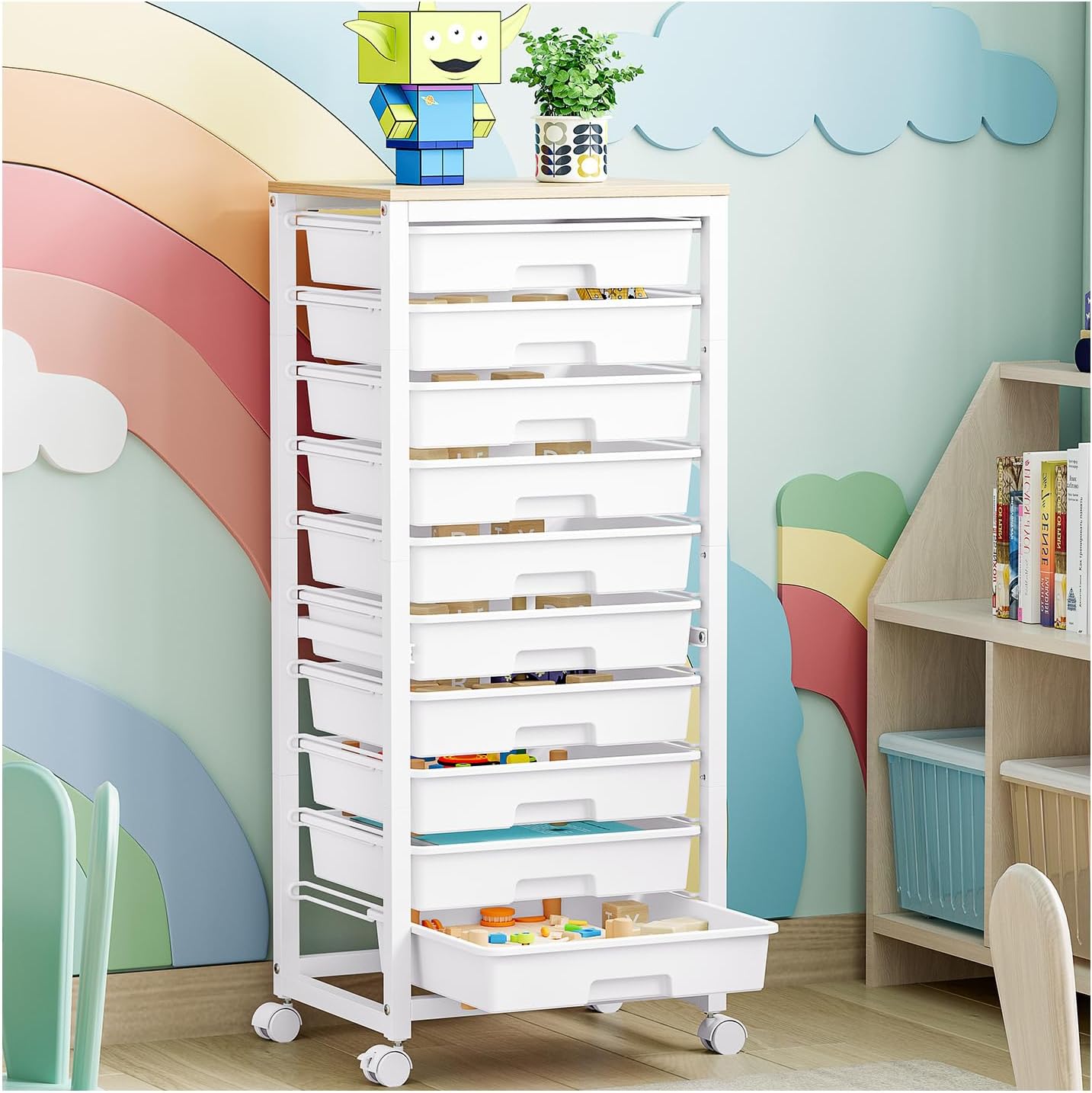 10 Drawer Rolling Cart with Wooden Tabletop for Versatile Storage