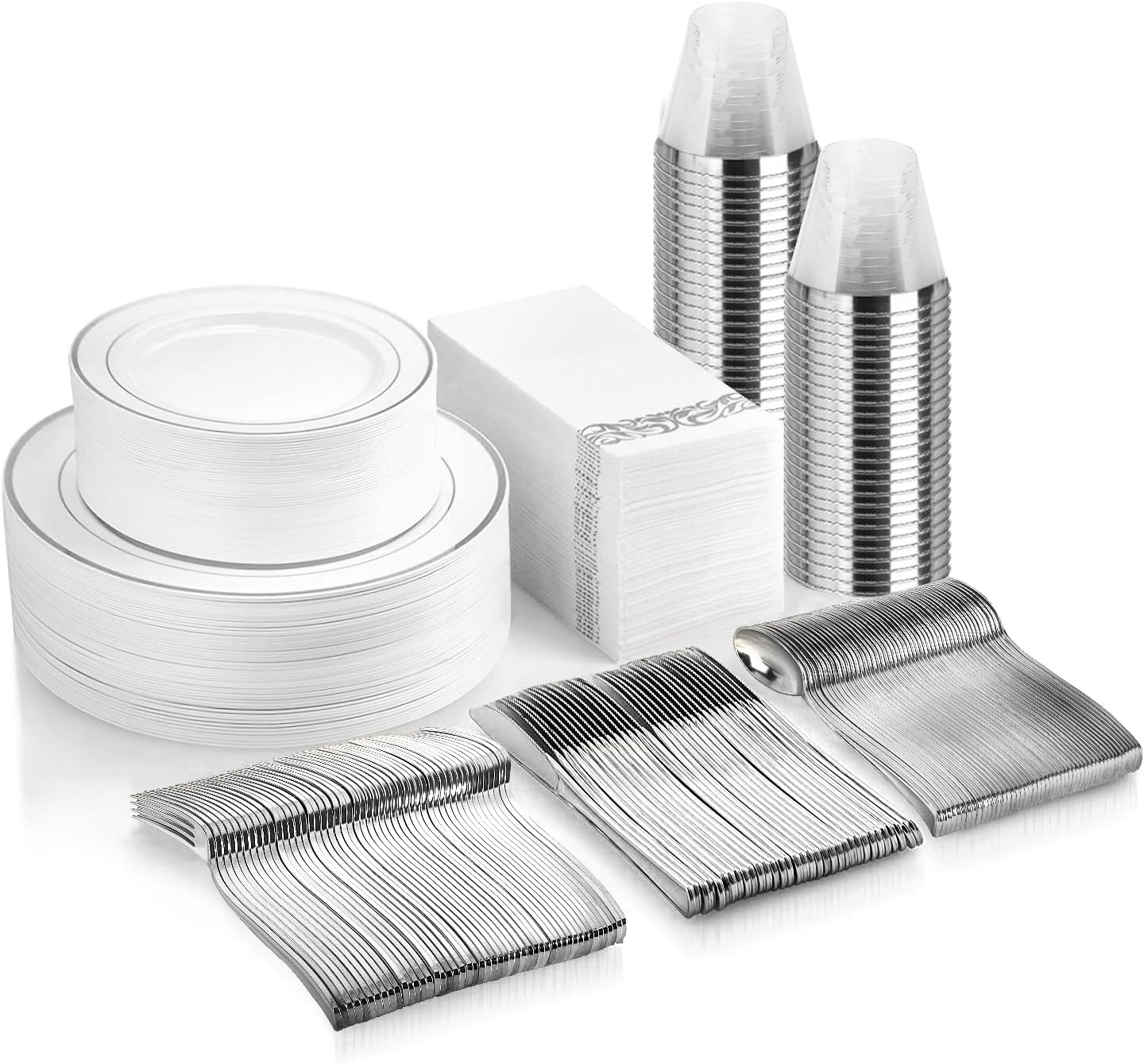 350 Piece Plastic Dinnerware Set with Silver Rim for Events