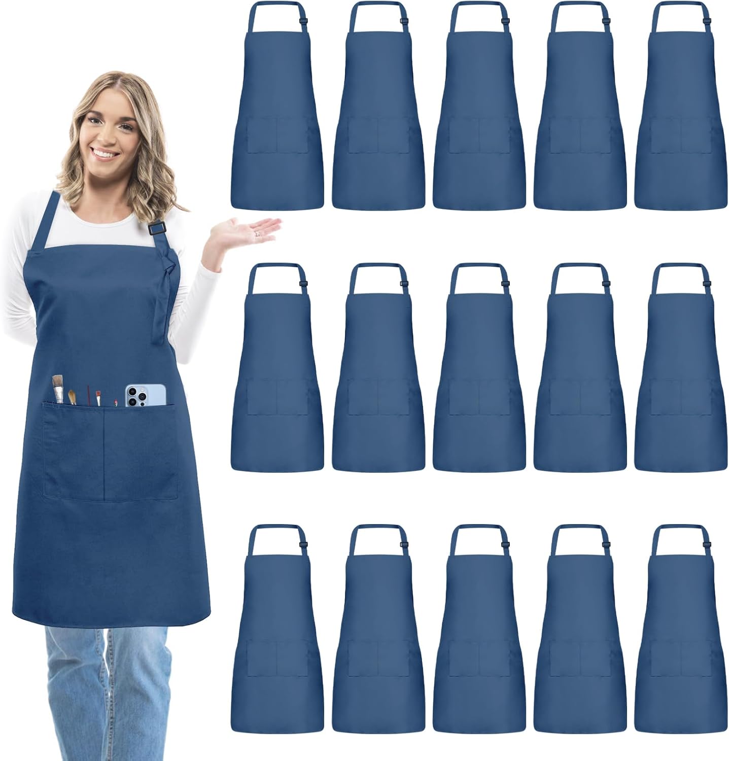 15 Pcs Adjustable Bib Chef Aprons with Pockets for Cooking