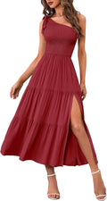 One Shoulder Smocked Midi Dress - Flowy Tiered Summer Style