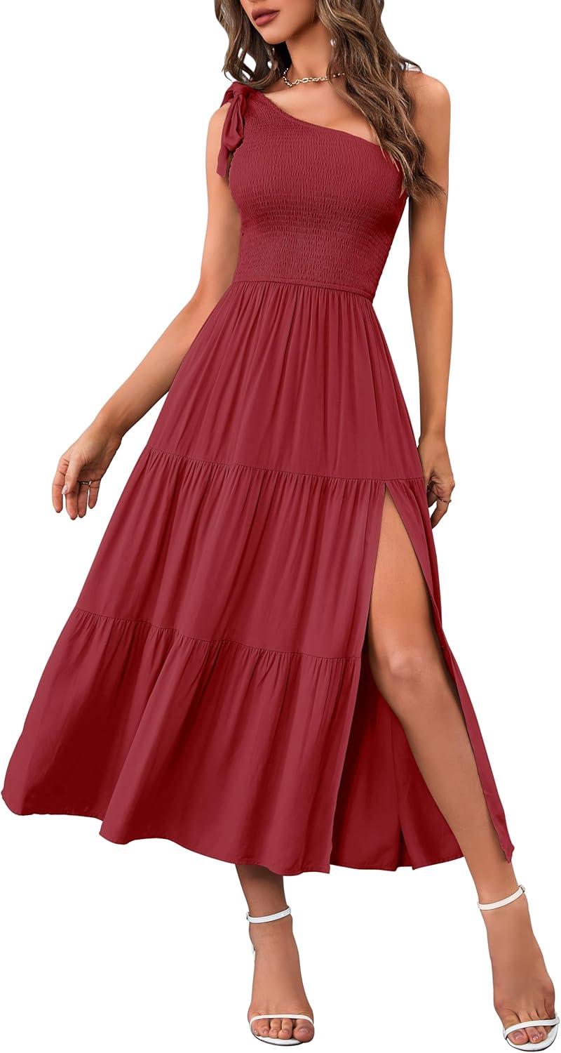 MEROKEETY Women's Summer One Shoulder Knot Smocked Midi Dress