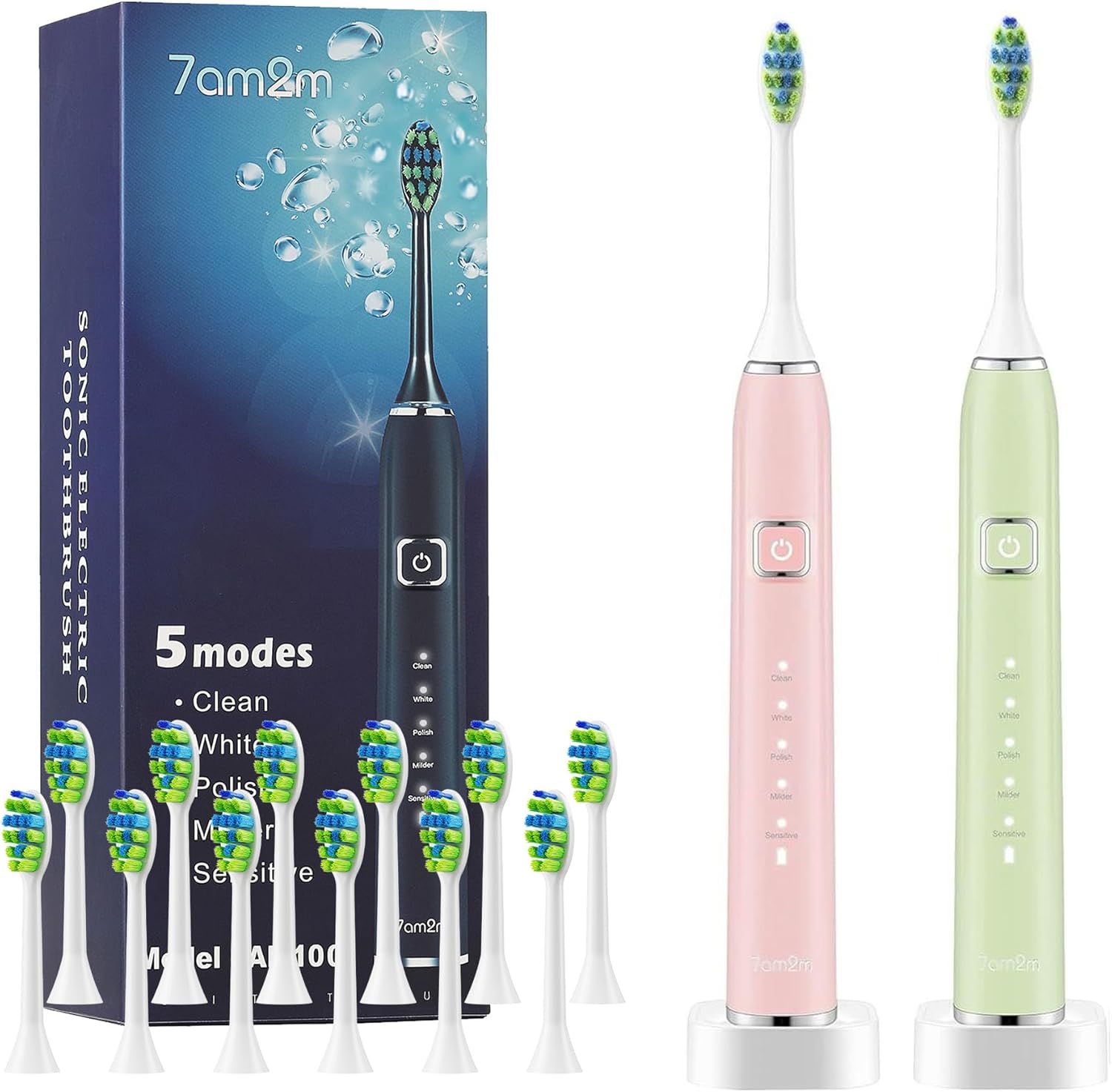 7AM2M Electric Toothbrush Set for Kids and Adults with 12 Heads