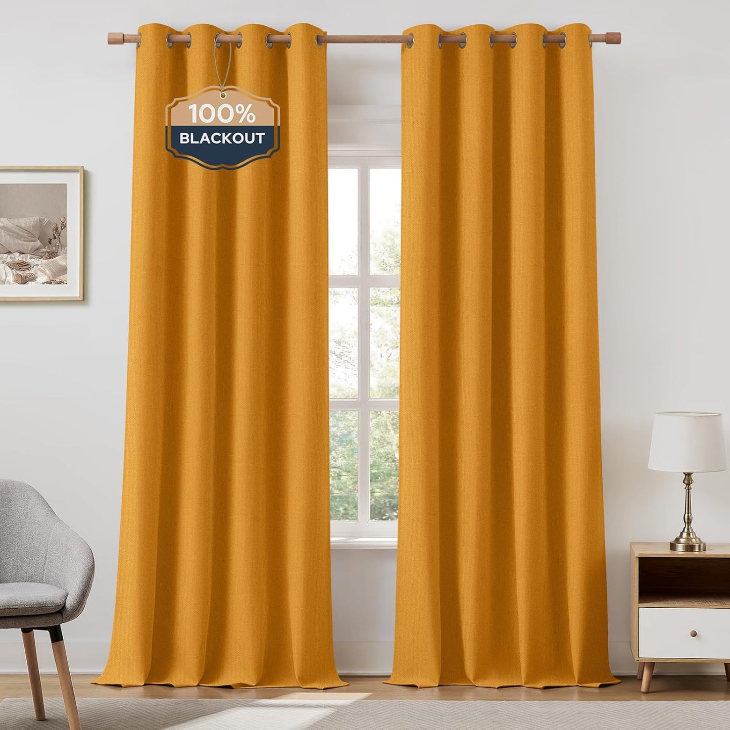 100% Mustard Yellow Linen Blackout Curtains for Bedroom 52 x 96