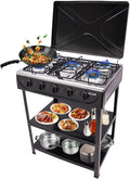 Portable Stainless Steel 5 Burner Gas Stove with Wind Blocking Cover - Outdoor Cooking Essential