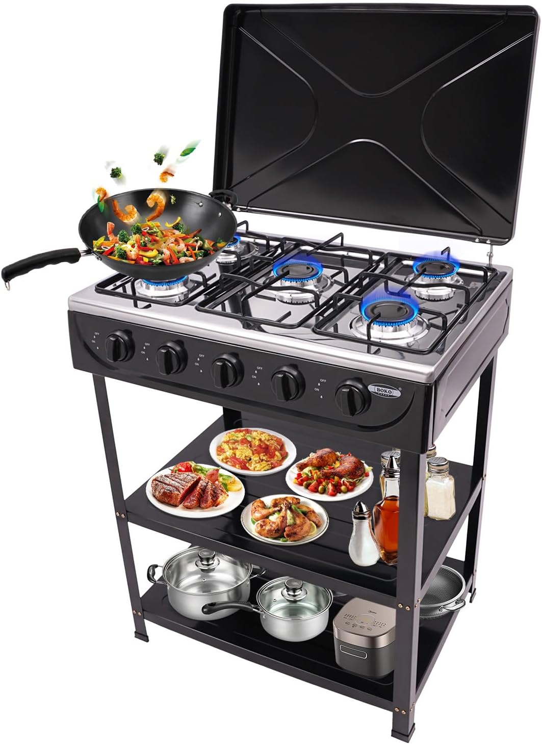 Portable Stainless Steel 5 Burner Gas Stove with Wind Blocking Cover - Outdoor Cooking Essential